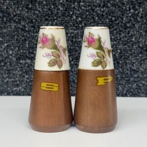 Vintage Nevco Japan Wood and Ceramic Floral Salt and Pepper Shakers Set MCM Rose